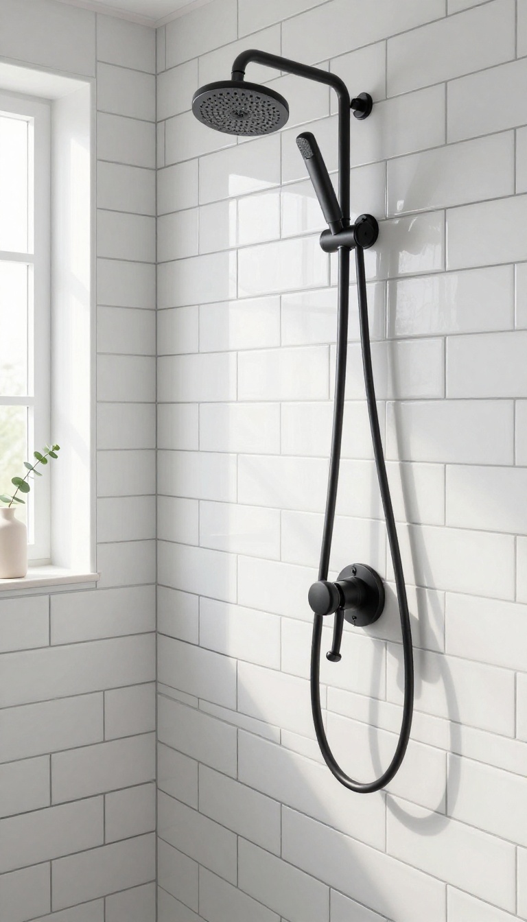 Bright bathroom shower wall with white subway tile and dark charcoal grout, matte black fixtures, and natural light