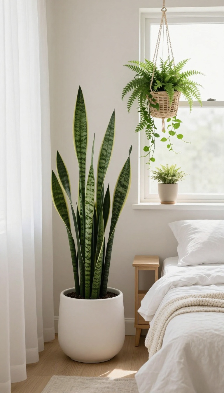 Calm spa bedroom corner with a snake plant in a white pot, trailing pothos in a hanging planter, and a small fern on a bright windowsill beside soft white bedding