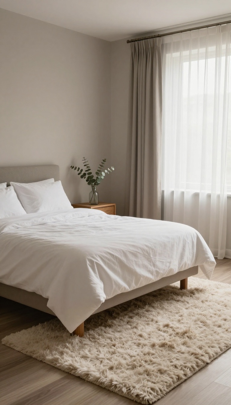 Plush ivory shag area rug beside a neatly made bed in a calm neutral spa-inspired bedroom with bright natural light