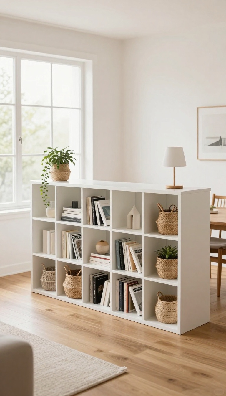 Low white bookshelf dividing an open-plan living room and dining nook, styled with books, baskets, and a trailing plant in bright natural light