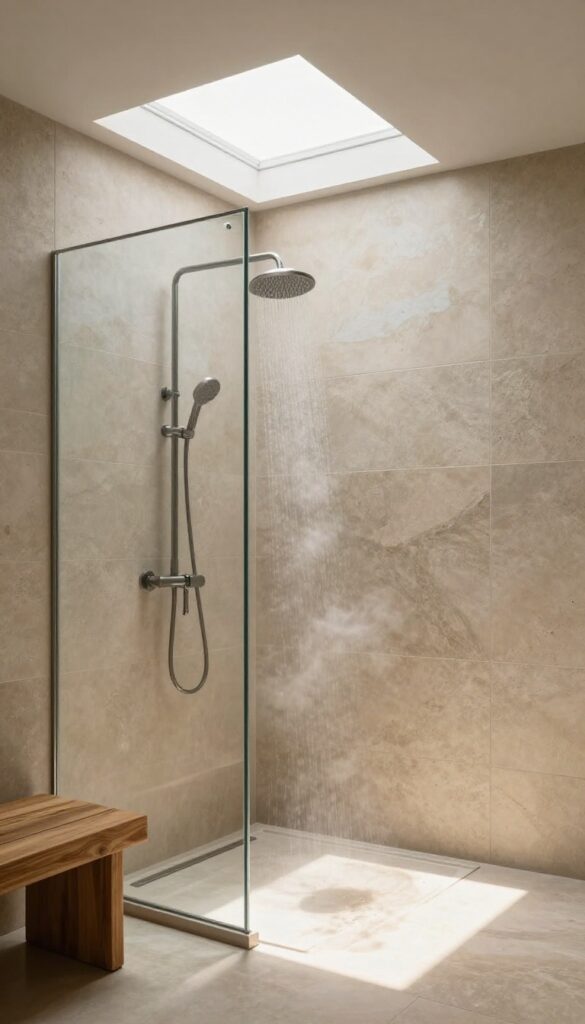 A bright, spa-like shower with natural light streaming through a skylight, featuring stone tiles and a rainfall showerhead.