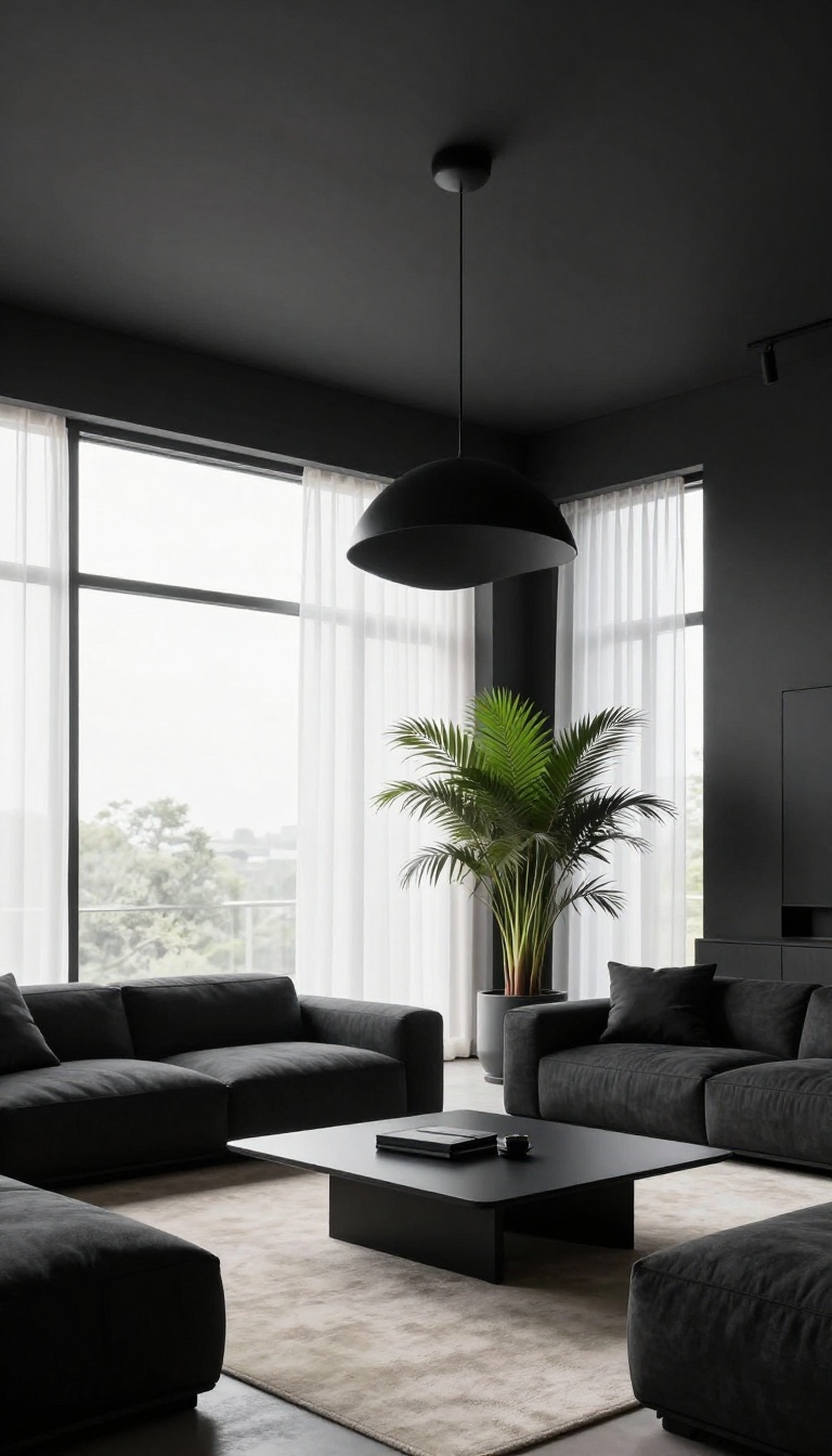 Modern black living room with a matching dark painted ceiling, black pendant light, charcoal sofa, and bright natural light from tall windows