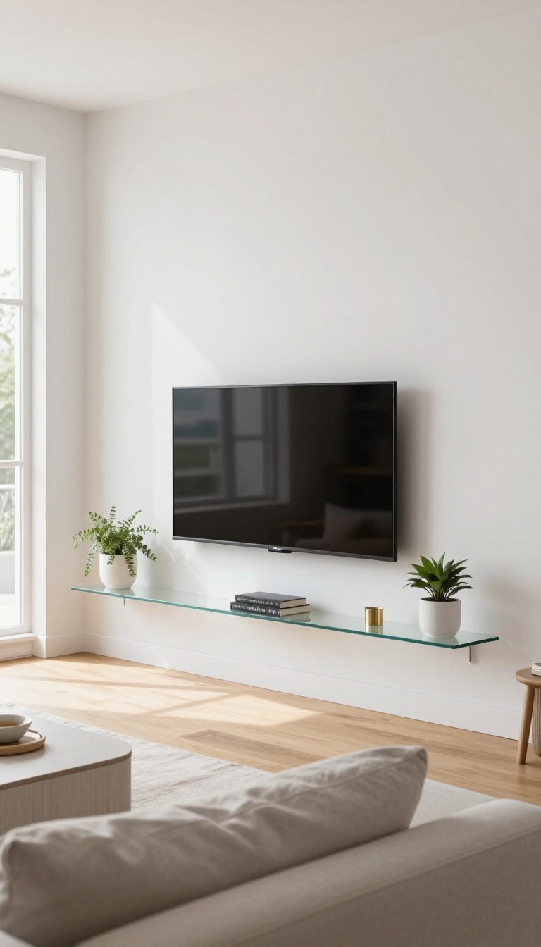 Bright living room with a wall-mounted TV and clear glass floating shelves reflecting natural light