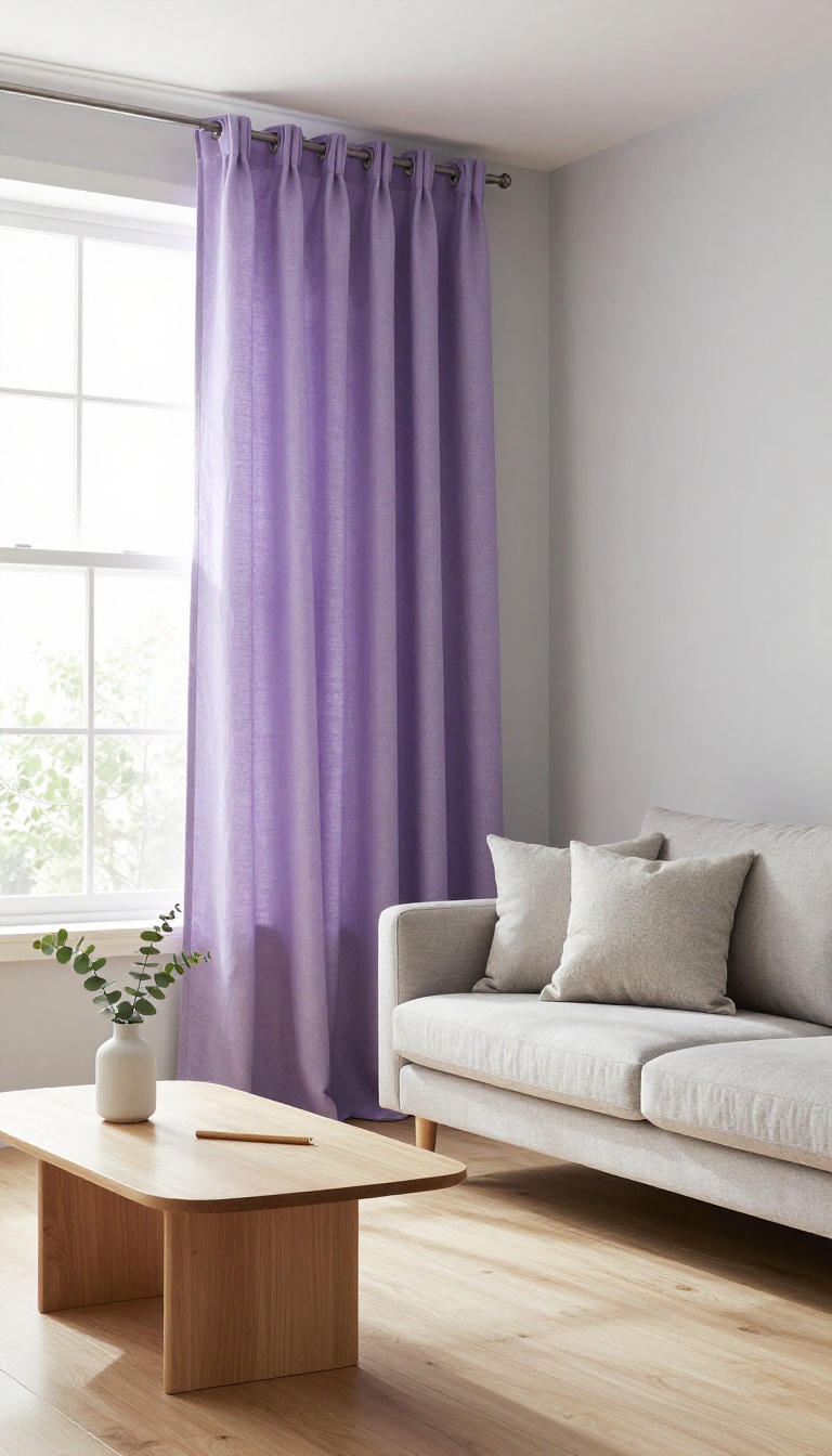 Bright living room with matte lavender floor-length linen curtains against cool gray walls and neutral furniture