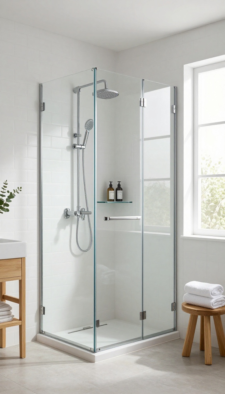 Bright bathroom corner with a stock glass shower enclosure kit, chrome hardware, white subway tile, and natural light