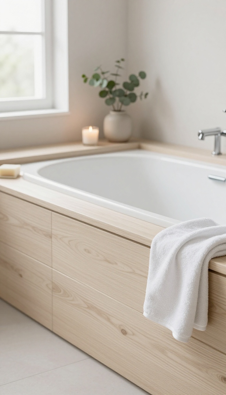 Bathroom tub wrapped in a warm white oak slat wood surround with a candle and towel on the ledge in bright natural light