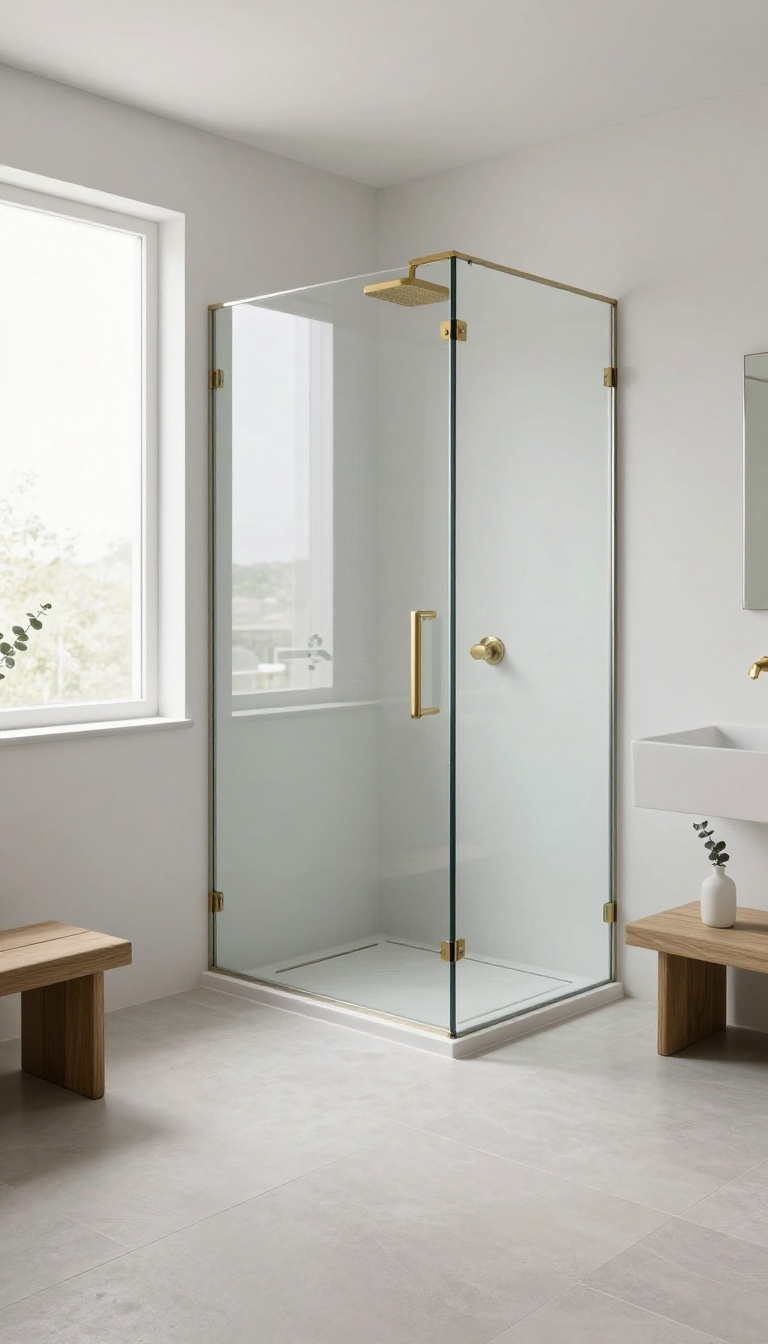 Curbless walk-in shower with a linear drain and frameless glass in a bright modern master bathroom