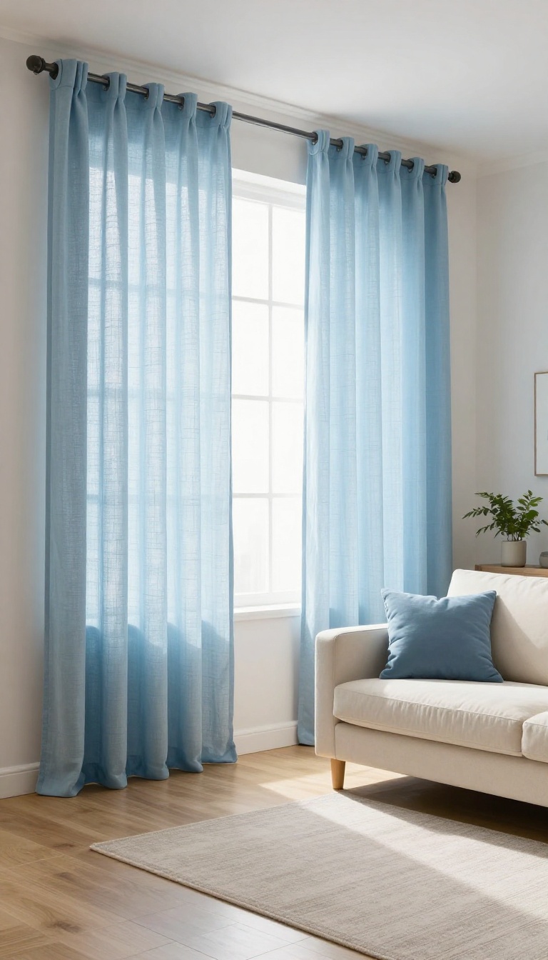 Bright living room with sheer light blue linen curtains filtering soft daylight beside a cream sofa and blue accent pillows