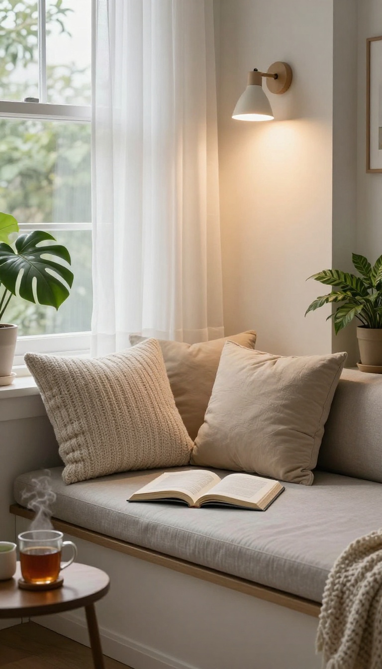 Cozy living room window seat reading nook with cushions, a throw blanket, an open book, and a wall-mounted swing-arm sconce casting warm light
