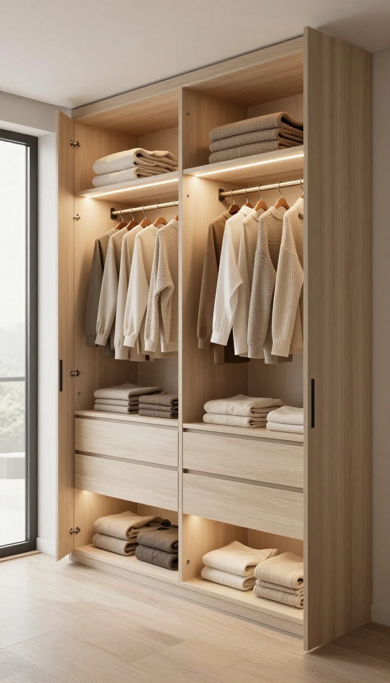 Modern bedroom wardrobe with open doors and warm integrated LED strip lighting illuminating shelves and hanging clothes
