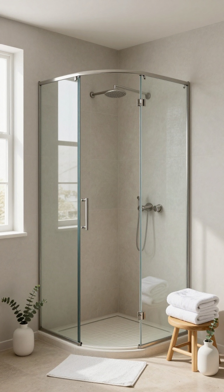 Bright neutral quadrant shower room with warm gray walls, beige tiled tray, curved glass enclosure, and matte nickel fixtures for a calm, airy feel