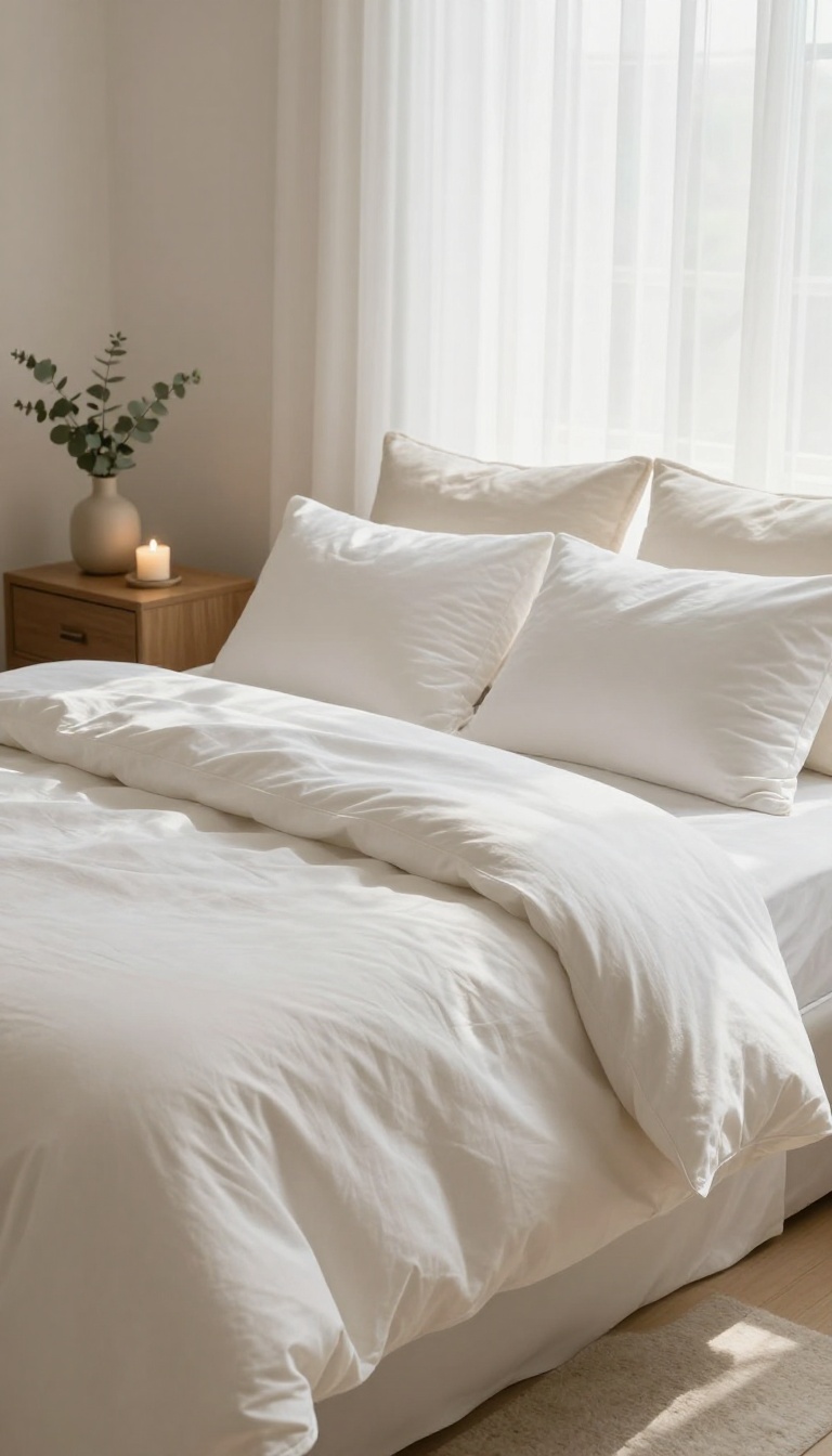 Calm spa bedroom bed with soft breathable white sheets, a draping linen duvet, and layered pillows in bright natural light