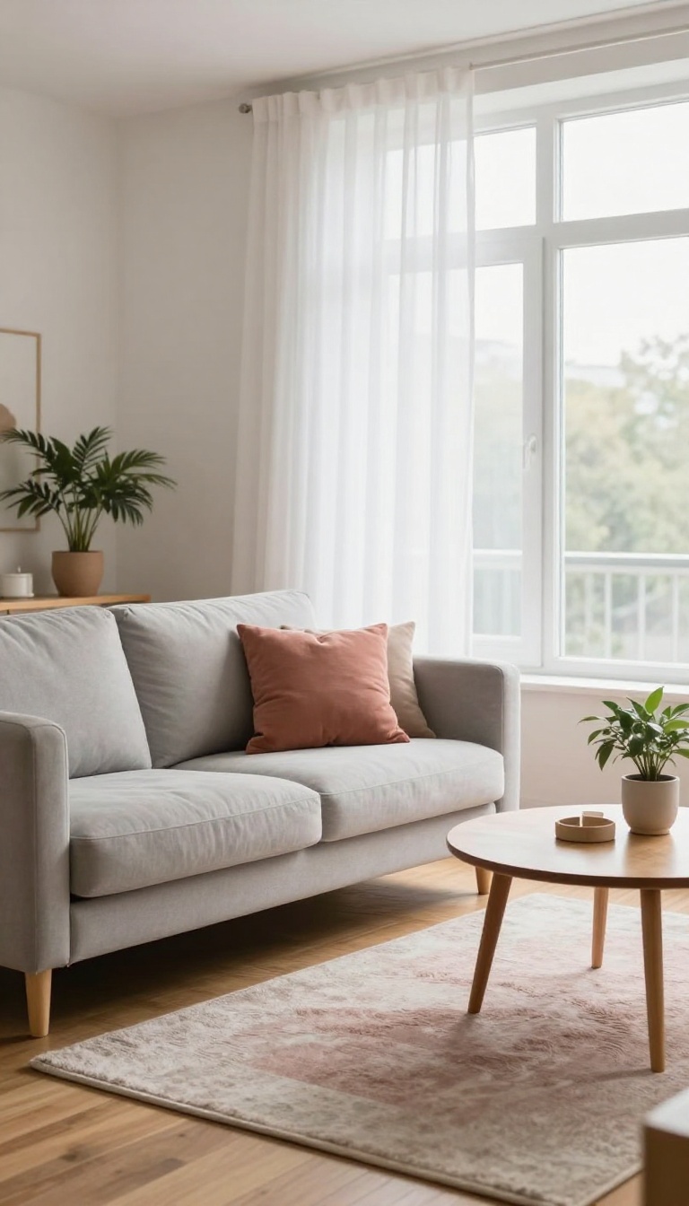 Cozy apartment living room with a dusty rose area rug defining the seating zone under a gray sofa and wooden coffee table in bright natural light