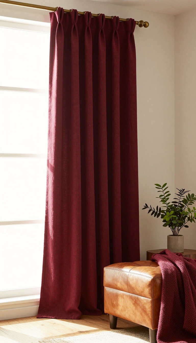 Living room with rich burgundy curtains, walnut wood furniture, and a caramel leather ottoman glowing in warm autumn sunlight