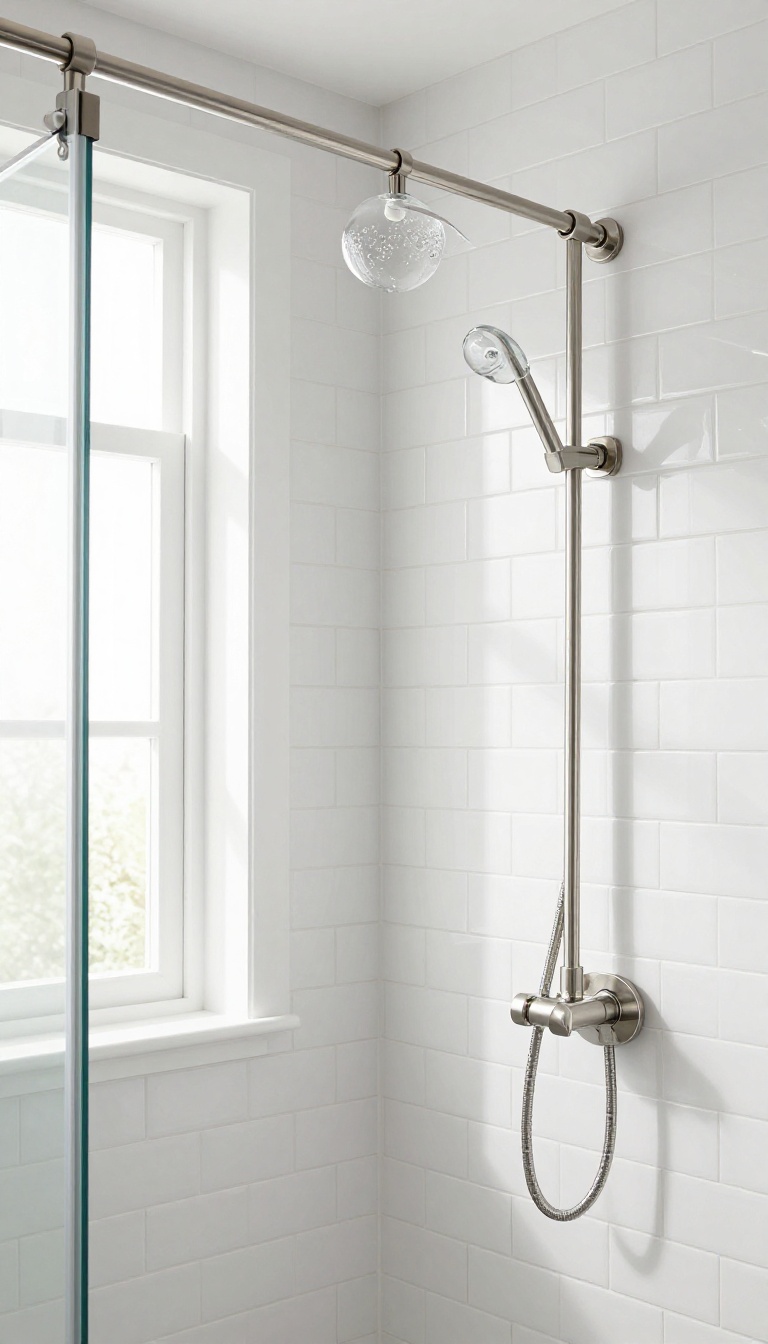 Modern bathroom with shower curtain rod adorned with decorative glass ball and metal cube finials