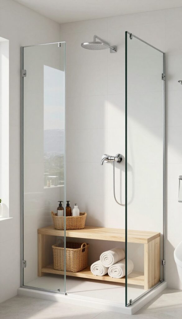 Bright modern shower with built-in wooden bench featuring open storage shelves holding neatly arranged baskets and towels.