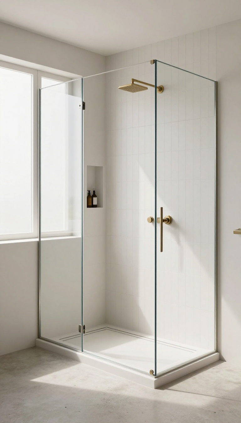 Walk-in shower with vertically stacked narrow white tiles reaching the ceiling, framed by glass and bright natural light