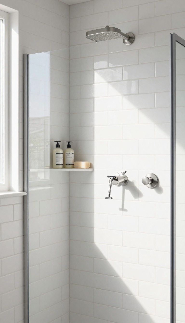 Recessed tile shower niche holding shampoo bottles and soap flush with the wall in a bright modern bathroom