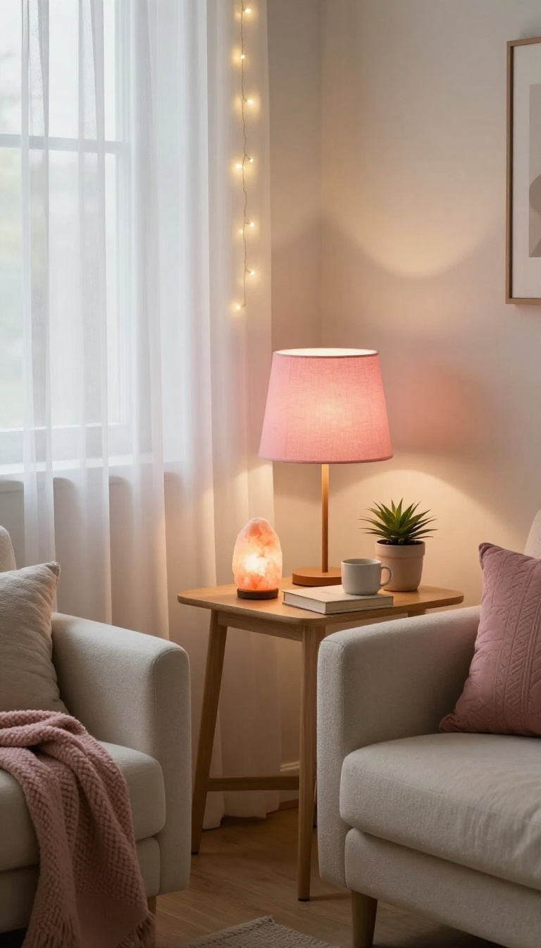 Cozy apartment living room corner with pink lampshades, a salt lamp, and warm layered lighting at dusk