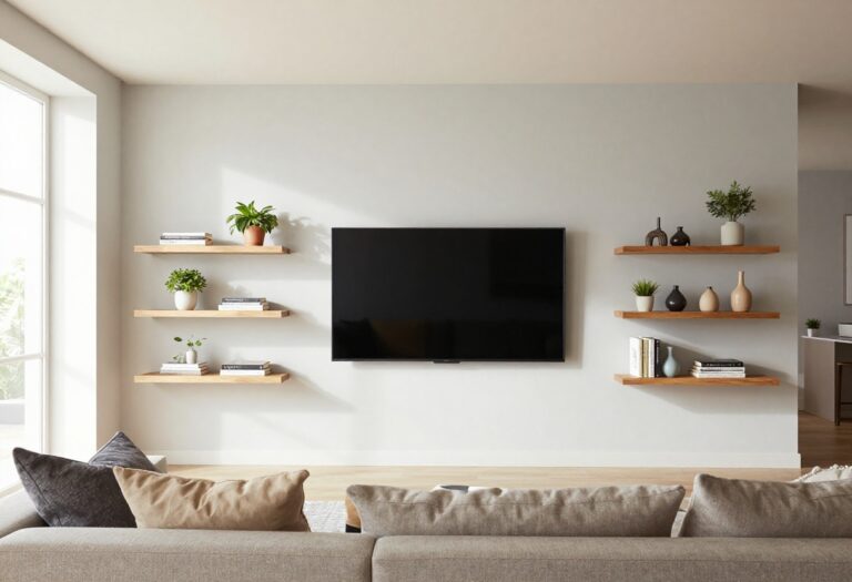 Modern living room with wall-mounted TV and floating shelves on both sides, styled with plants and decor.