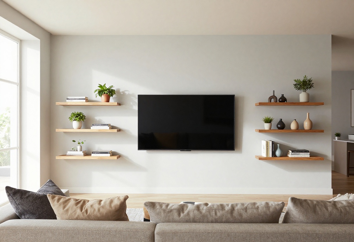 Modern living room with wall-mounted TV and floating shelves on both sides, styled with plants and decor.