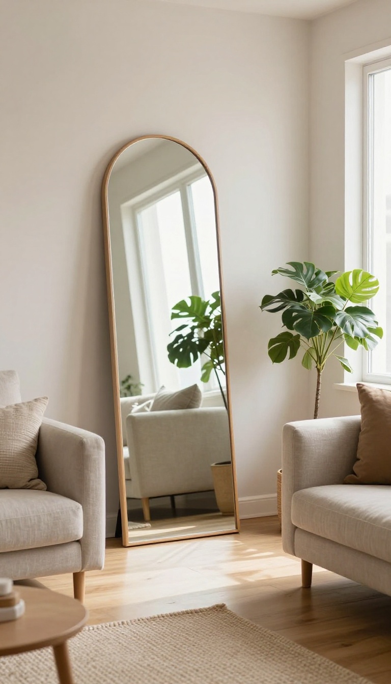 Tall arched mirror leaning against a wall in a bright low-ceiling living room, reflecting a window and plant to make the space feel taller