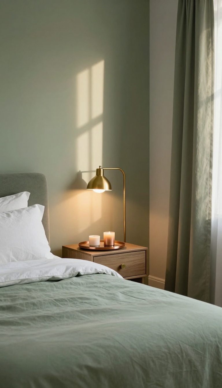 Cozy bedroom with a green comforter and warm brass and copper metallic accents in soft natural light