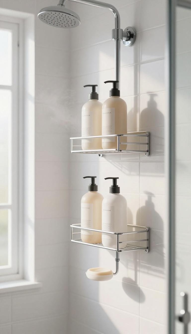 Hanging shower caddy with adjustable shelves holding shampoo and body wash bottles in a bright tiled shower