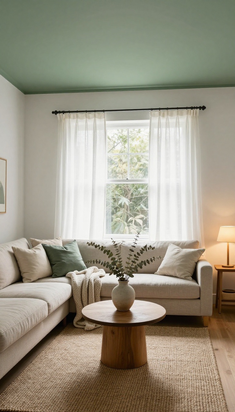 Small cozy living room with a soft sage green painted ceiling, linen sofa, and bright natural light for snug decor inspiration