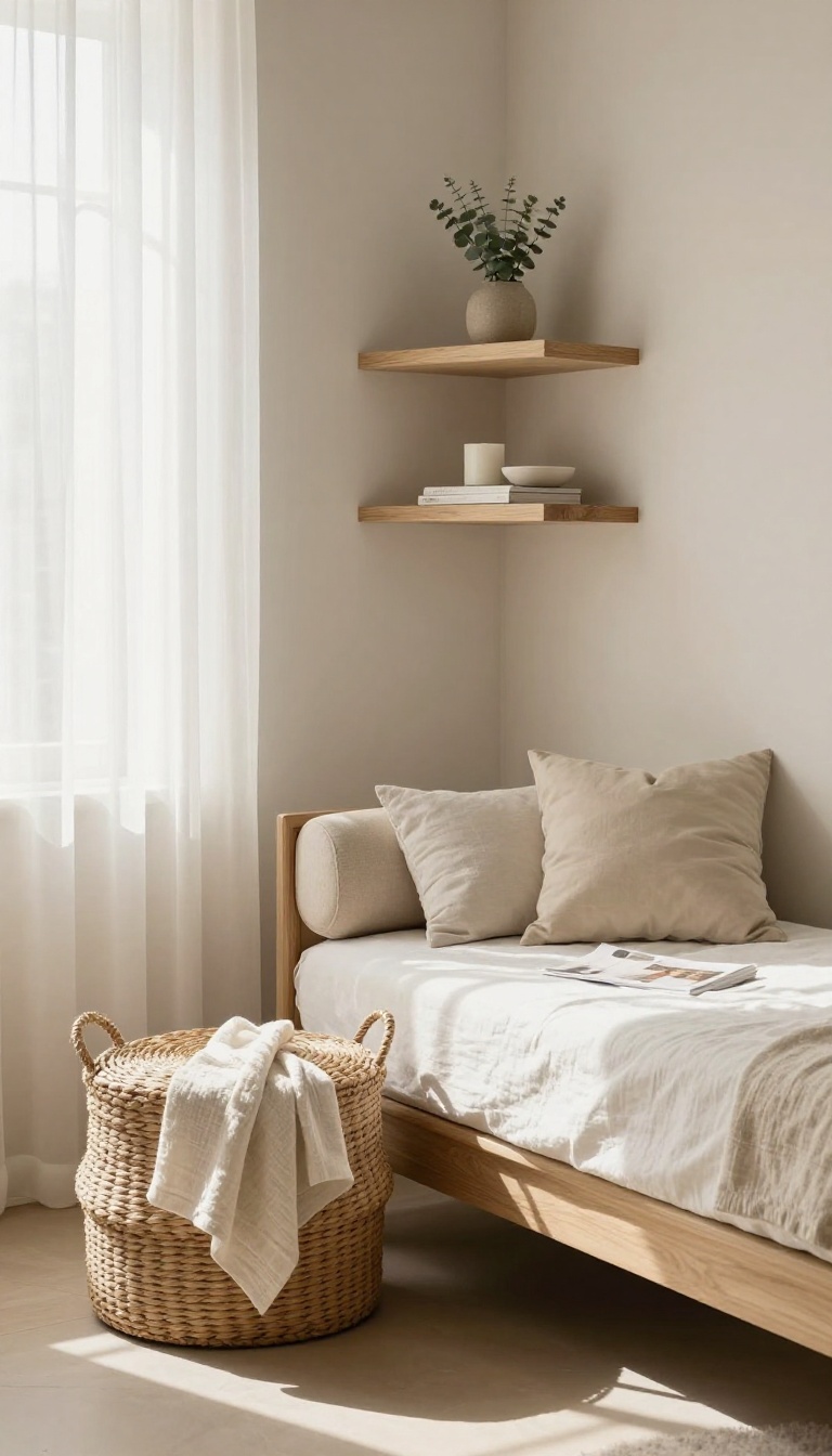 Calm spa bedroom corner with woven storage basket, floating shelves, and a neutral upholstered storage bench in soft natural light