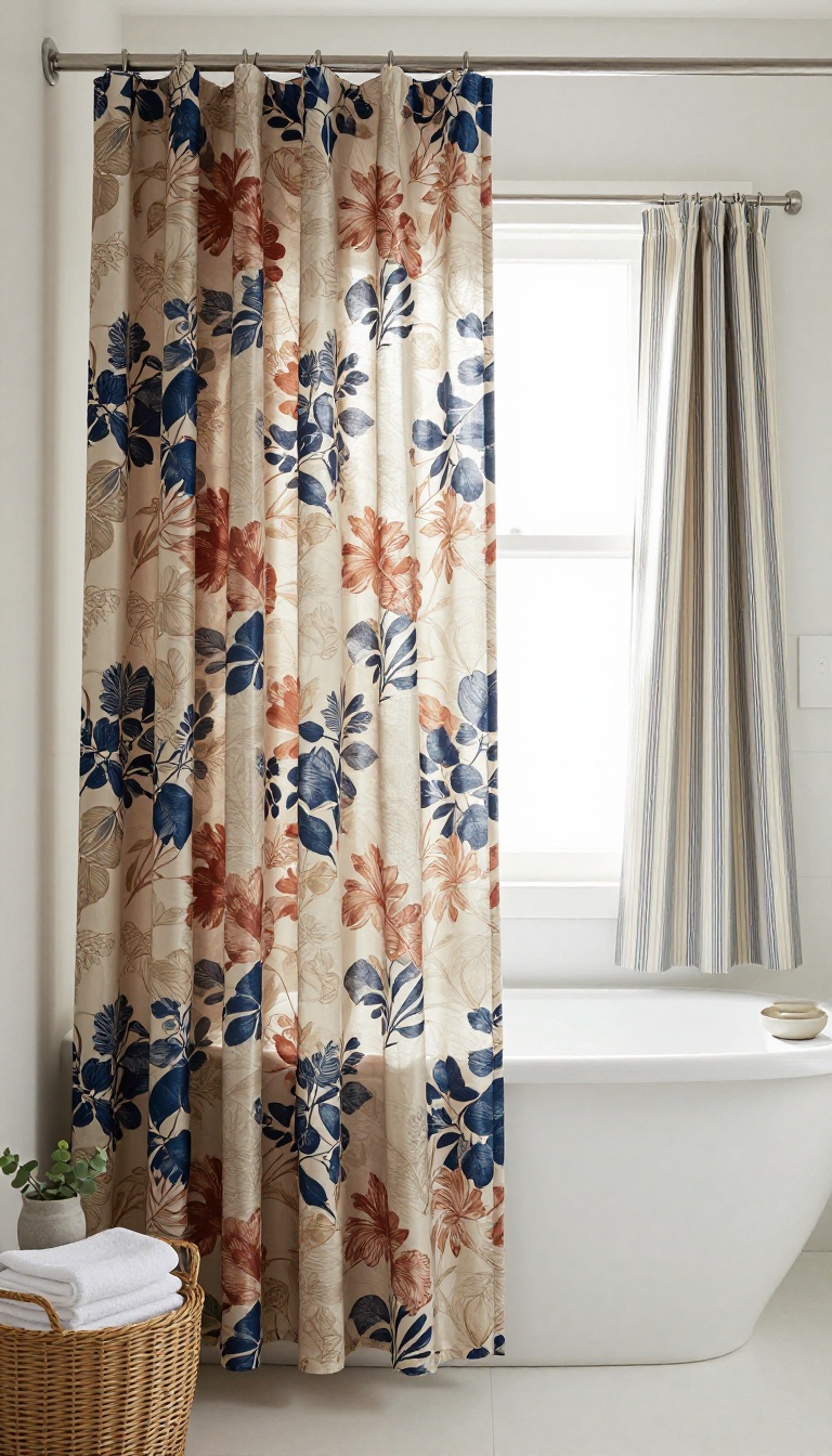 Bright bathroom with a block-print floral shower curtain paired with a subtle micro-check liner in navy, cream, and rust, styled with towels and a plant in natural light.