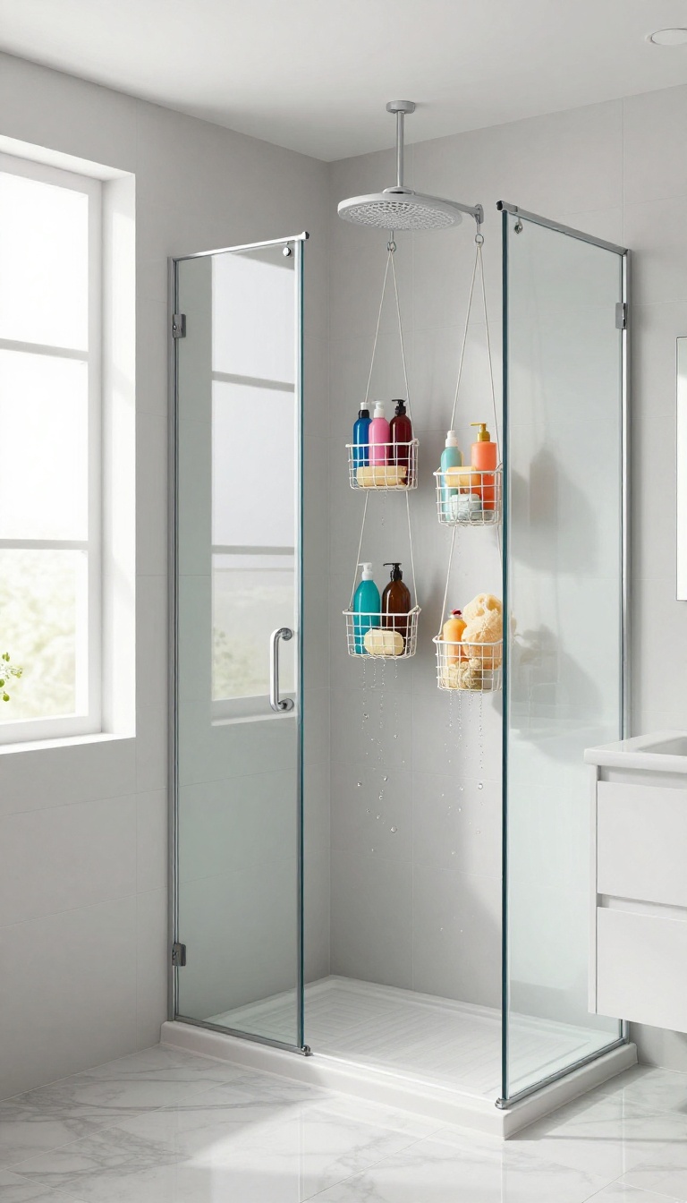 Hanging wire baskets in a modern shower holding toiletries, with natural light and a clean, organized look.