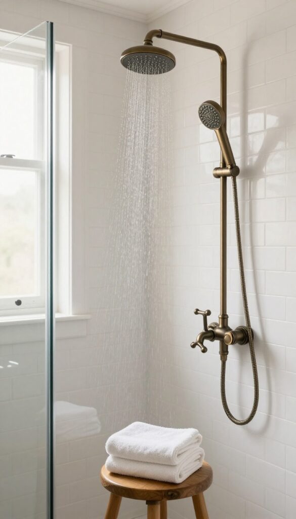 Vintage-inspired bronze fixtures with modern rainfall showerhead in a bright farmhouse bathroom