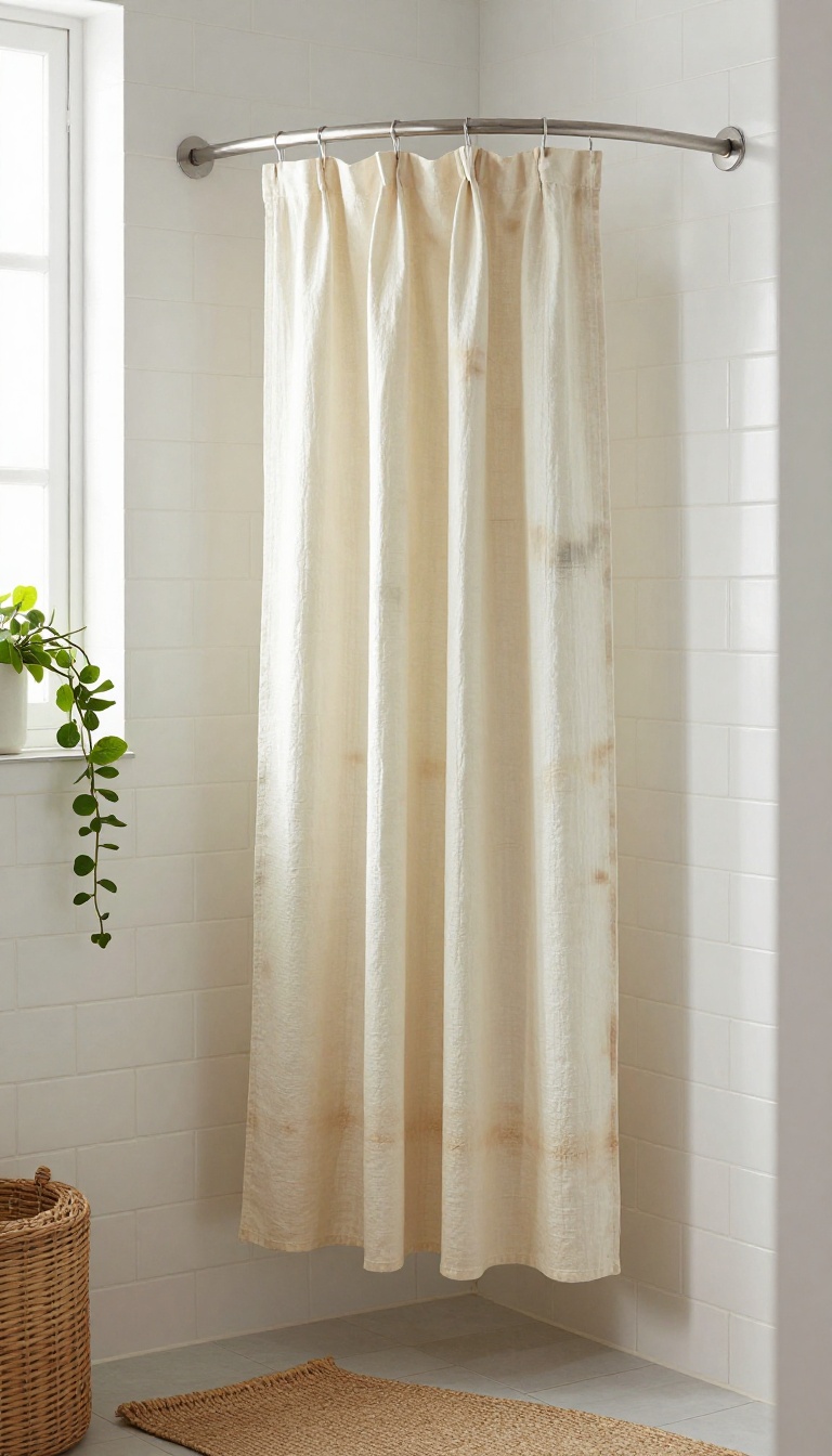 Soft indigo shibori shower curtain with washed dye patterns in a bright boho bathroom