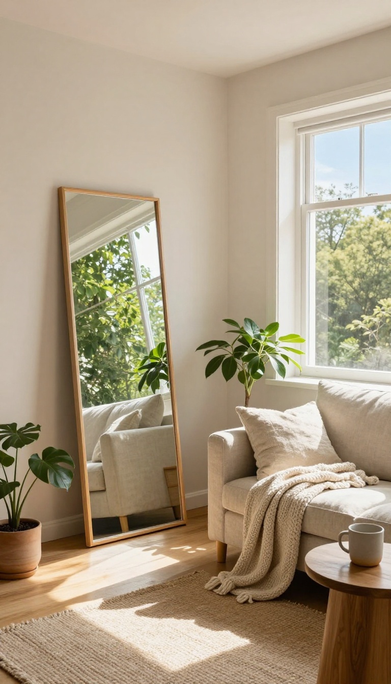 Tall narrow mirror leaning against a wall opposite a bright window in a small cozy living room, reflecting trees and sky