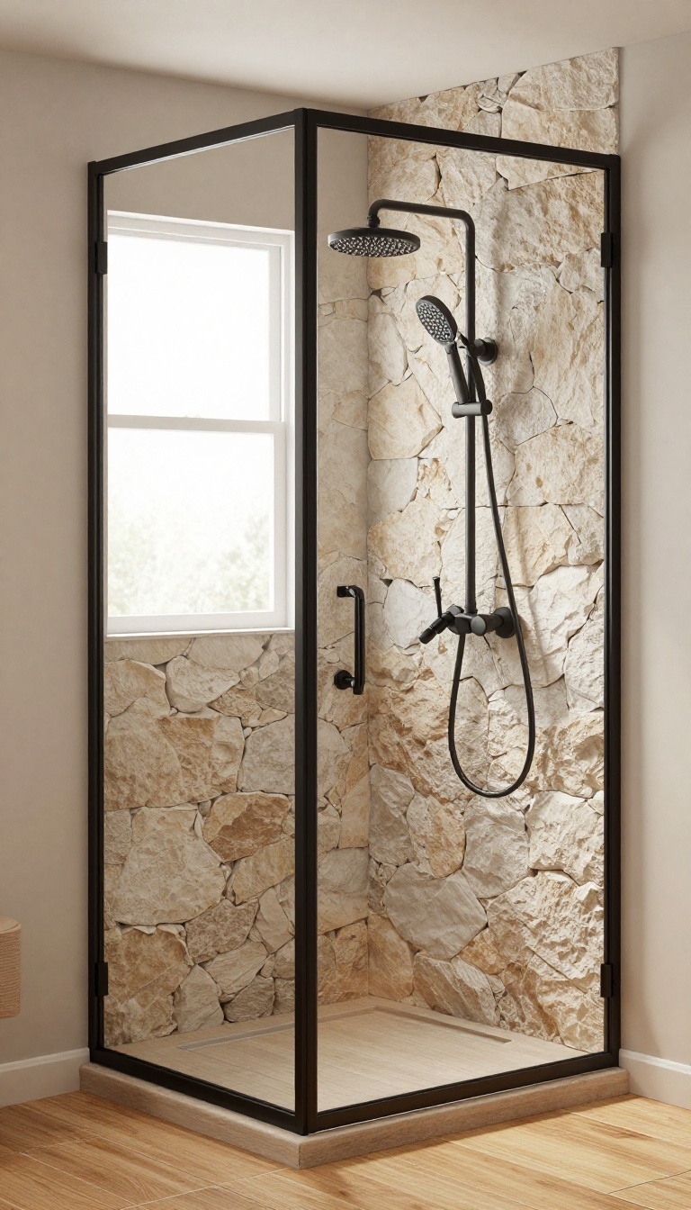 Rustic bathroom shower with matte black fixtures and natural stone and wood textures