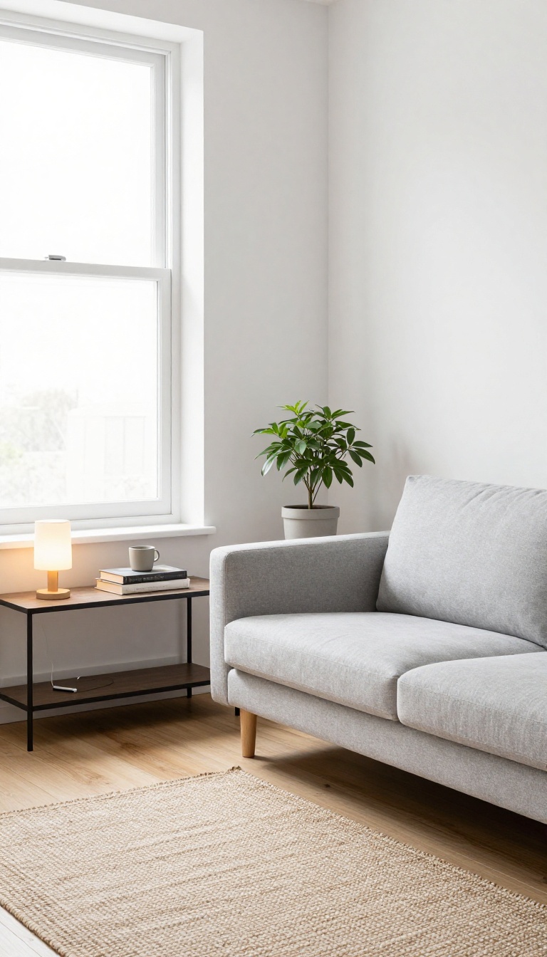 Slim console table tucked behind a light gray sofa in a bright small living room, holding a lamp, books, and a mug