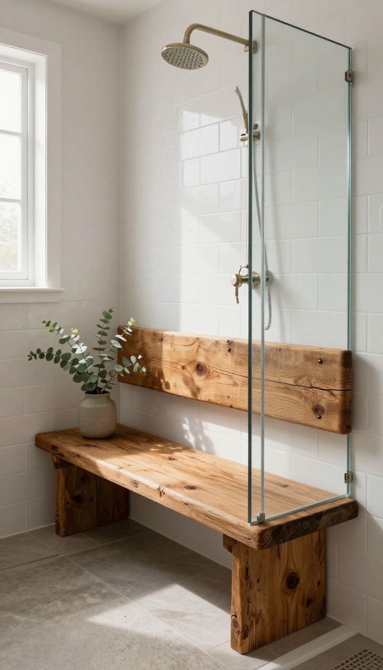 Rustic bathroom shower with reclaimed wood bench, natural light, and eucalyptus branch