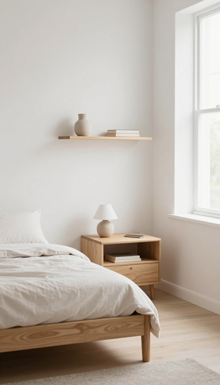 Small spare bedroom with a slim floating wood nightstand mounted on the wall beside the bed, holding a lamp, book, and phone