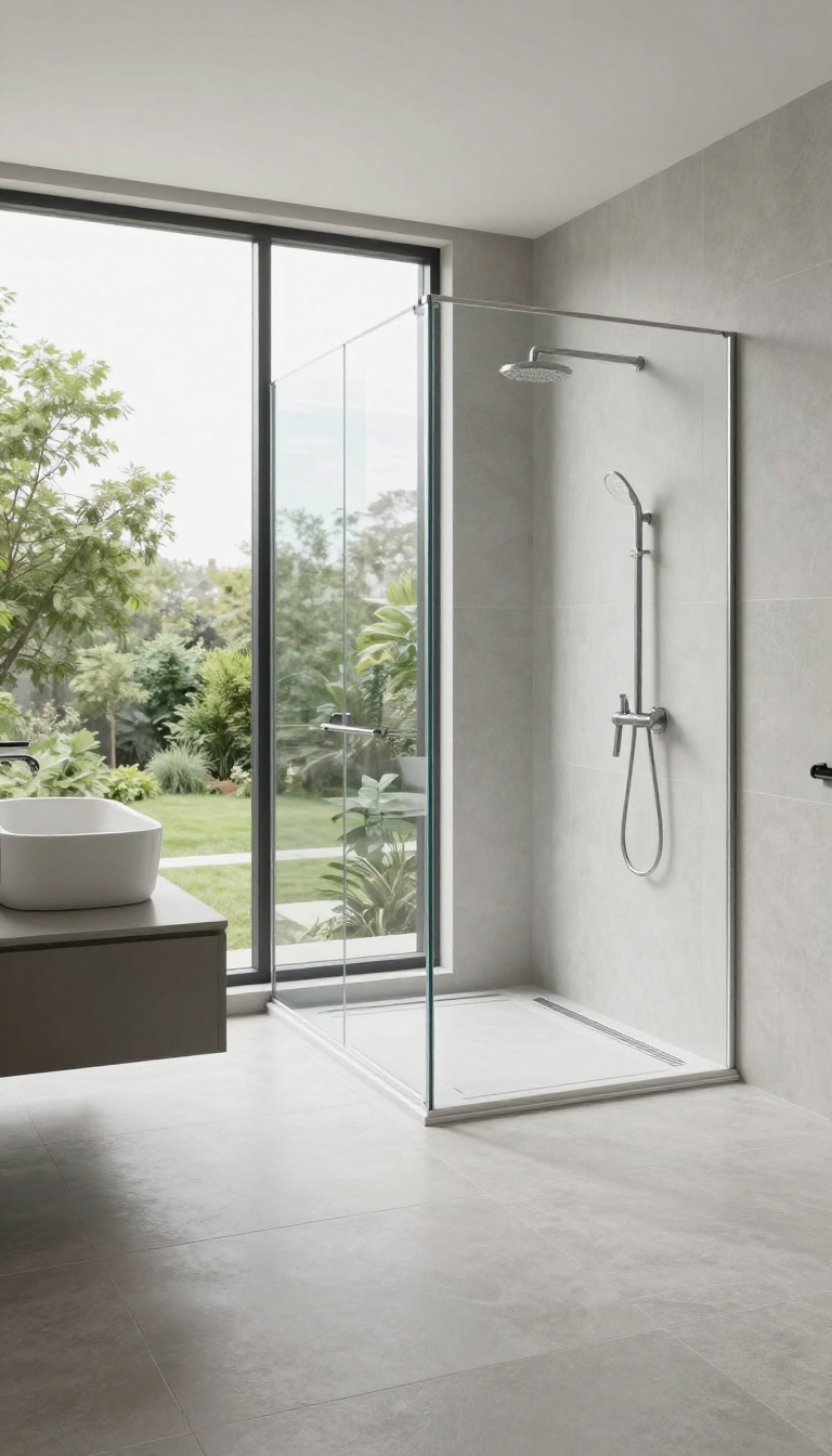 Curbless walk-in shower with seamless tile floor and linear drain in a bright modern bathroom