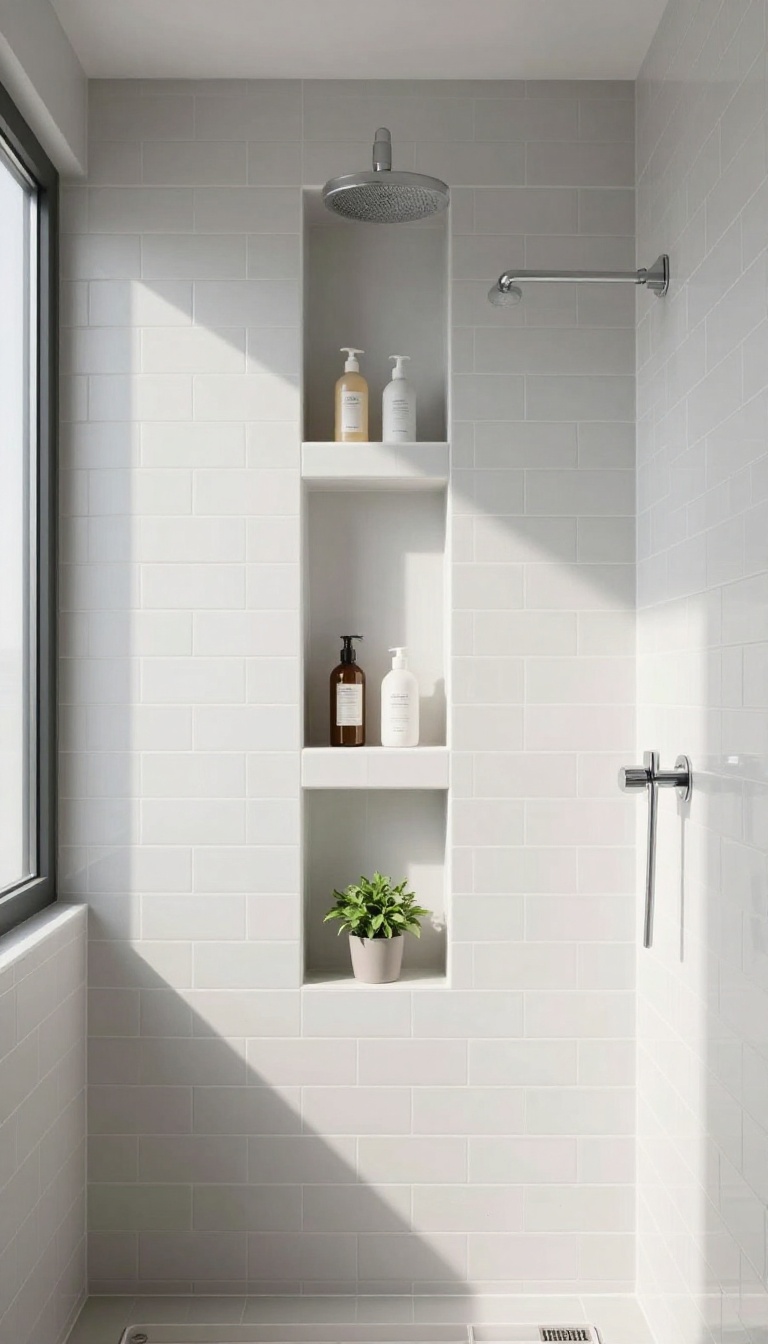 Tall vertical stacked shower niche with three slim compartments holding upright shampoo and conditioner bottles in a bright tiled bathroom
