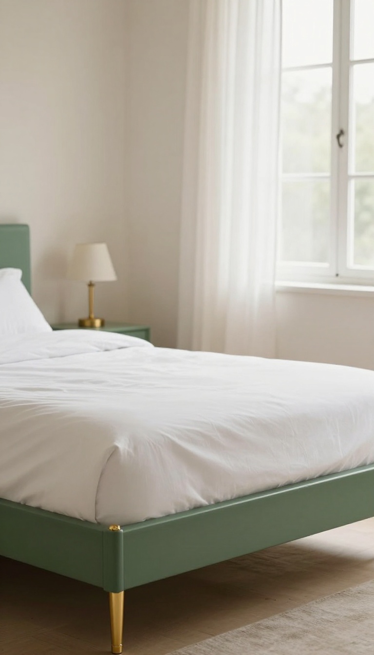 Dark green bed frame with gold hardware in a bright neutral bedroom
