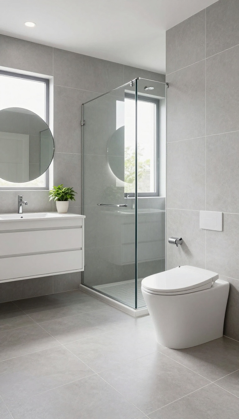 Modern bathroom with large-format tiles, minimal grout lines, and a clean, seamless look