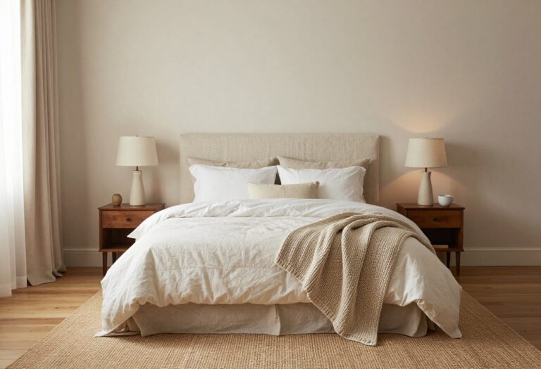 Cozy classic bedroom with neutral bedding, warm lighting, and natural textures inspired by Pottery Barn.