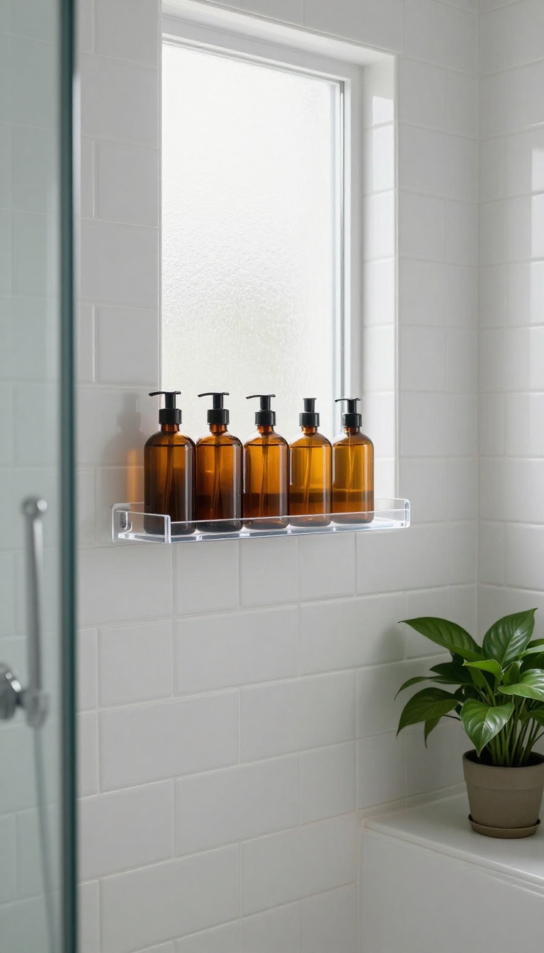 Clear acrylic adhesive shelf mounted on white tile in a shower, holding shampoo bottles