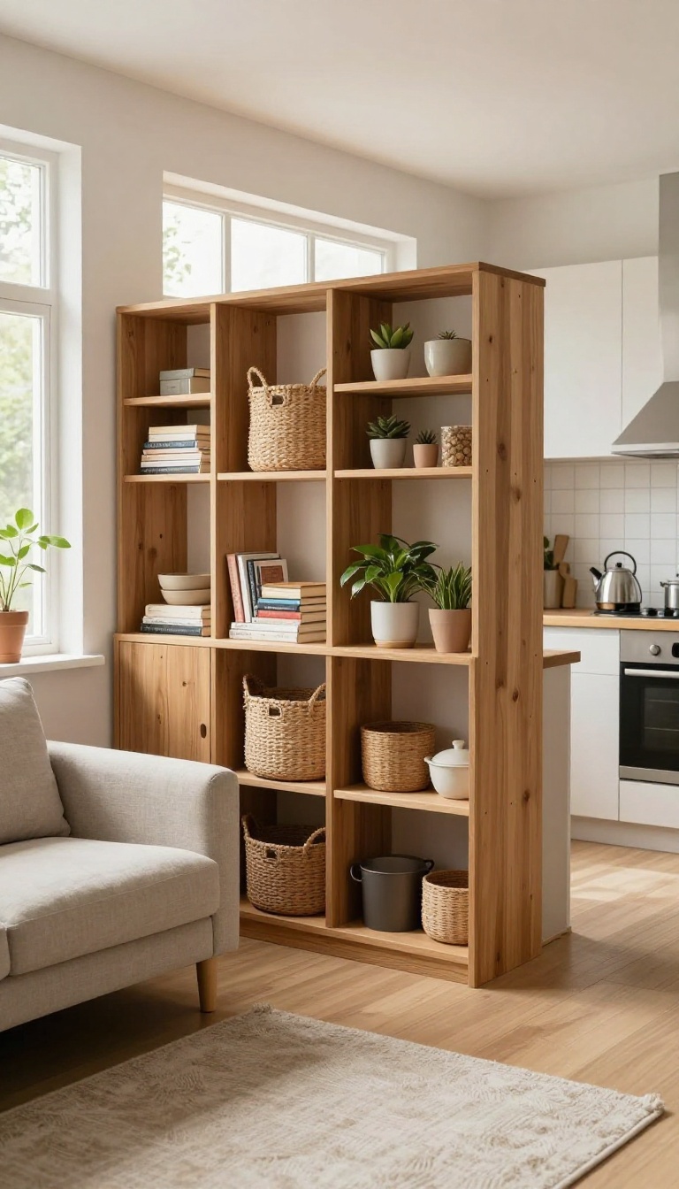 Open-backed wooden room divider with shelves and cubbies separating a bright small living room from a compact kitchen