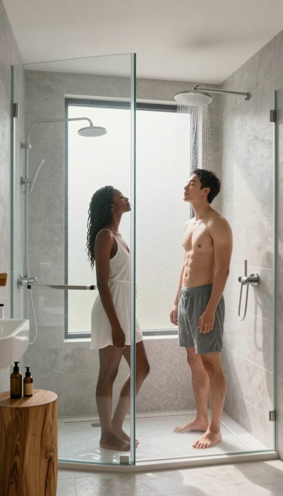 Couple enjoying a dual rainfall shower in a bright, modern bathroom with two ceiling-mounted showerheads.