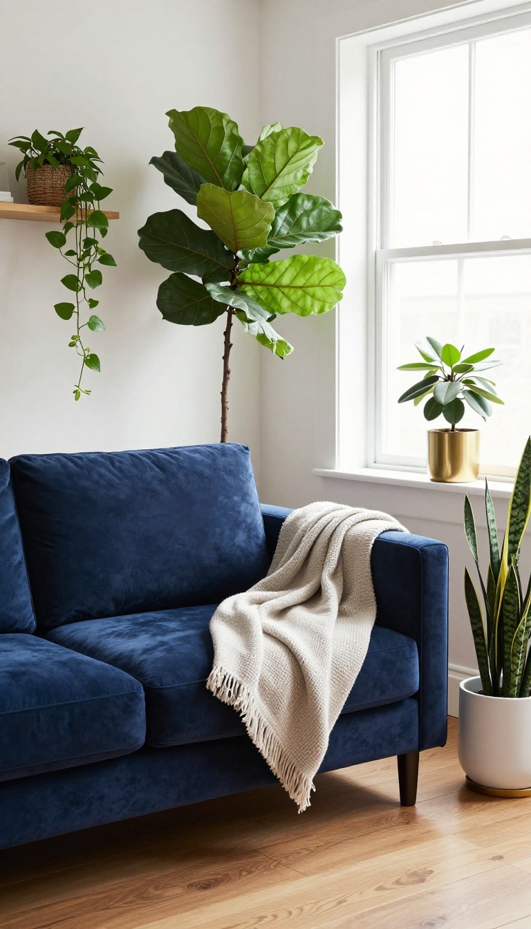 Navy blue couch living room with a tall fiddle leaf fig, snake plant, and trailing pothos in woven baskets and ceramic pots, bright natural light.