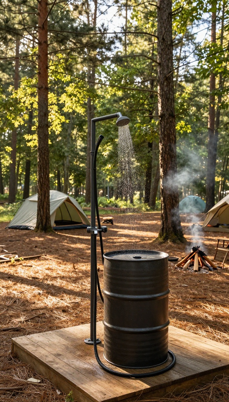 DIY rain barrel shower at a campsite, with a black barrel on a wooden stand and a showerhead attached, in warm sunlight.