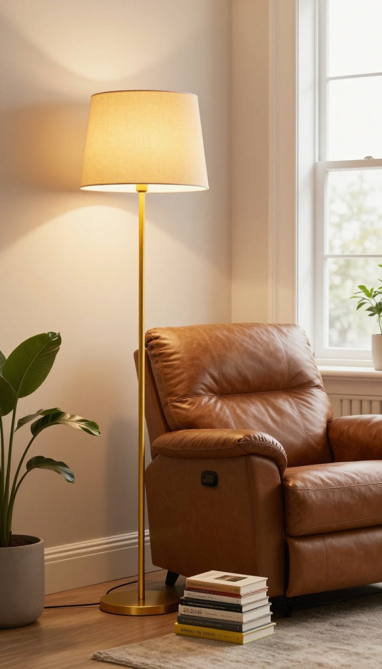 Golden yellow floor lamp beside a brown leather recliner in a warm, sunlit living room corner